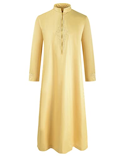 Oanviso Herren Muslimische Kleider Naher Osten Islamische Stehkragen Länge Robe Herrenbekleidung Kaftan Indische Robe Langarm Kurtas Sherwani Ethnische Kleidung Pakistan Dubai Kleidung A Gelb M von Oanviso