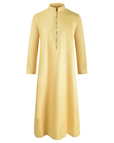 Oanviso Herren Muslimische Kleider Naher Osten Islamische Stehkragen Länge Robe Herrenbekleidung Kaftan Indische Robe Langarm Kurtas Sherwani Ethnische Kleidung Pakistan Dubai Kleidung A Gelb XXL von Oanviso