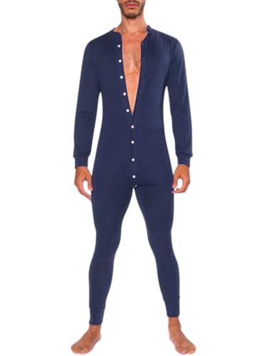 Oanviso Herren Overall Jumpsuit Schlafanzug Pyjama Onesie Langarm Mit Knöpfen Strampler Casual Jogger Einteiler Schlafoverall Hausanzug One-Piece Männer A Dunkelblau M von Oanviso