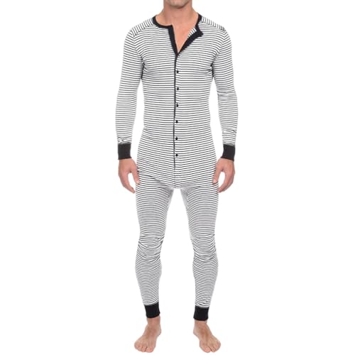 Oanviso Herren Overall Jumpsuit Schlafanzug Pyjama Onesie Langarm Mit Knöpfen Strampler Casual Jogger Einteiler Schlafoverall Hausanzug One-Piece Männer C Weiß L von Oanviso
