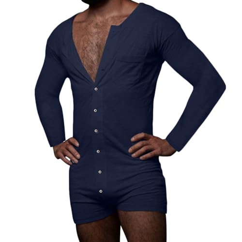 Oanviso Herren Overall Jumpsuit Schlafanzug Pyjama Onesie Langarm Mit Knöpfen Strampler Casual Jogger Einteiler Schlafoverall Hausanzug One-Piece Männer D Dunkelblau M von Oanviso