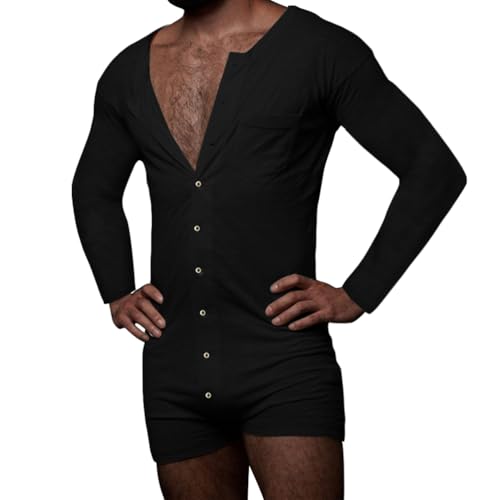 Oanviso Herren Overall Jumpsuit Schlafanzug Pyjama Onesie Langarm Mit Knöpfen Strampler Casual Jogger Einteiler Schlafoverall Hausanzug One-Piece Männer D Schwarz M von Oanviso