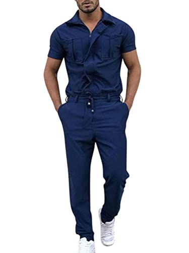 Oanviso Herren Overalls Einteiliges One-piece Sommer Jumpsuit Einfarbig Set Kurzarm mit Reißverschluss Hose Lang mit Taschen Mode Casual Overall Hemd mit Revers A Blau L von Oanviso