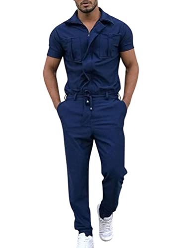 Oanviso Herren Overalls Einteiliges One-piece Sommer Jumpsuit Einfarbig Set Kurzarm mit Reißverschluss Hose Lang mit Taschen Mode Casual Overall Hemd mit Revers A Blau S von Oanviso