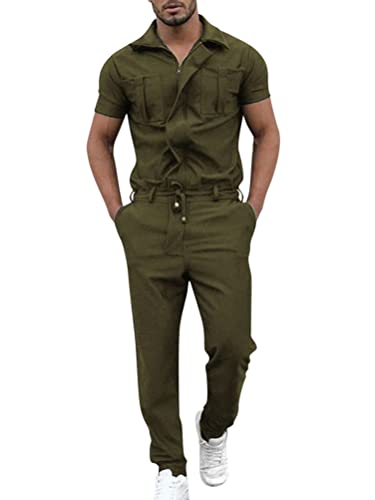 Oanviso Herren Overalls Einteiliges One-piece Sommer Jumpsuit Einfarbig Set Kurzarm mit Reißverschluss Hose Lang mit Taschen Mode Casual Overall Hemd mit Revers A Grün S von Oanviso