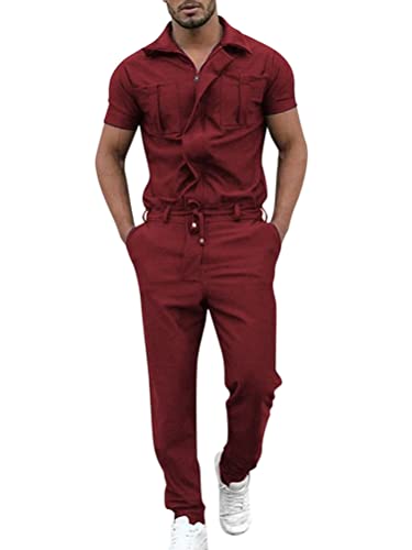 Oanviso Herren Overalls Einteiliges One-piece Sommer Jumpsuit Einfarbig Set Kurzarm mit Reißverschluss Hose Lang mit Taschen Mode Casual Overall Hemd mit Revers A Rot L von Oanviso