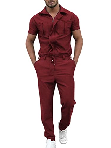 Oanviso Herren Overalls Einteiliges One-piece Sommer Jumpsuit Einfarbig Set Kurzarm mit Reißverschluss Hose Lang mit Taschen Mode Casual Overall Hemd mit Revers A Rot XL von Oanviso