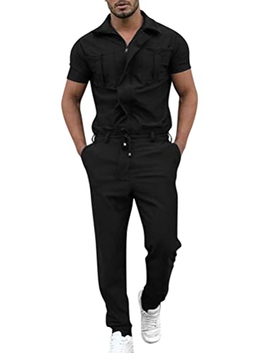 Oanviso Herren Overalls Einteiliges One-piece Sommer Jumpsuit Einfarbig Set Kurzarm mit Reißverschluss Hose Lang mit Taschen Mode Casual Overall Hemd mit Revers A Schwarz XXL von Oanviso