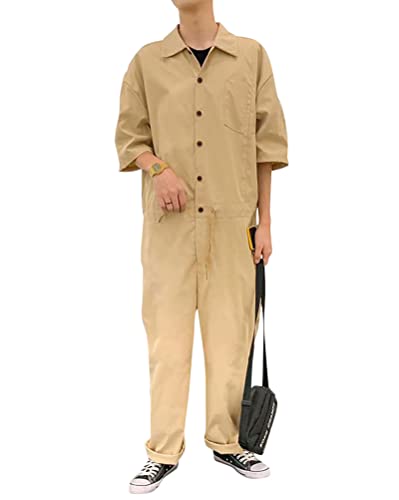 Oanviso Herren Overalls Einteiliges One-piece Sommer Jumpsuit Einfarbig Set Kurzarm mit Reißverschluss Hose Lang mit Taschen Mode Casual Overall Hemd mit Revers B Khaki M von Oanviso