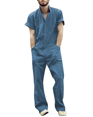 Oanviso Herren Overalls Einteiliges One-piece Sommer Jumpsuit Einfarbig Set Kurzarm mit Reißverschluss Hose Lang mit Taschen Mode Casual Overall Hemd mit Revers C Blau 3XL von Oanviso