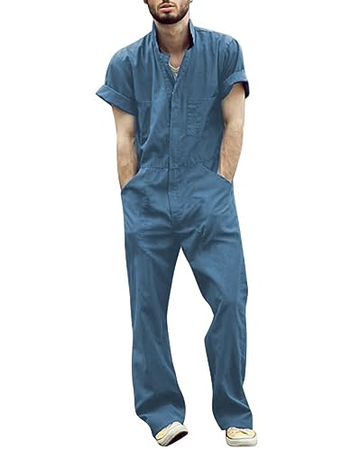 Oanviso Herren Overalls Einteiliges One-piece Sommer Jumpsuit Einfarbig Set Kurzarm mit Reißverschluss Hose Lang mit Taschen Mode Casual Overall Hemd mit Revers C Blau XL von Oanviso