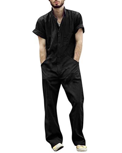 Oanviso Herren Overalls Einteiliges One-piece Sommer Jumpsuit Einfarbig Set Kurzarm mit Reißverschluss Hose Lang mit Taschen Mode Casual Overall Hemd mit Revers C Schwarz XXL von Oanviso