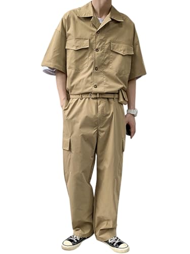 Oanviso Herren Overalls Einteiliges One-piece Sommer Jumpsuit Einfarbig Set Kurzarm mit Reißverschluss Hose Lang mit Taschen Mode Casual Overall Hemd mit Revers H Khaki M von Oanviso
