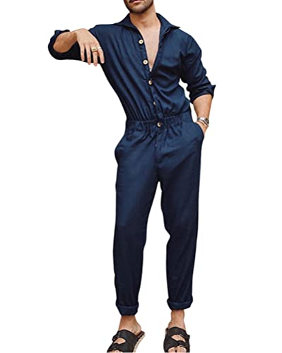 Oanviso Herren Overalls Einteiliges One-piece Sommer Jumpsuit Einfarbig Set Langarm mit Reißverschluss Hose Lang mit Taschen Mode Casual Overall Hemd mit Revers D Blau L von Oanviso