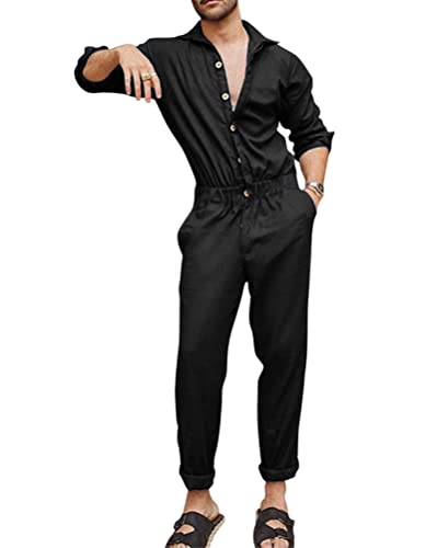 Oanviso Herren Overalls Einteiliges One-piece Sommer Jumpsuit Einfarbig Set Langarm mit Reißverschluss Hose Lang mit Taschen Mode Casual Overall Hemd mit Revers D Schwarz 3XL von Oanviso