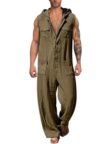 Oanviso Herren Overalls Einteiliges Strampler mit Kapuze Sommer Jumpsuit Ärmellos Einfarbig Set Hose Lang mit Taschen Mode Casual Overall Hemd Baumwolle Leinen One-piece Schlafanzug A Braun M von Oanviso