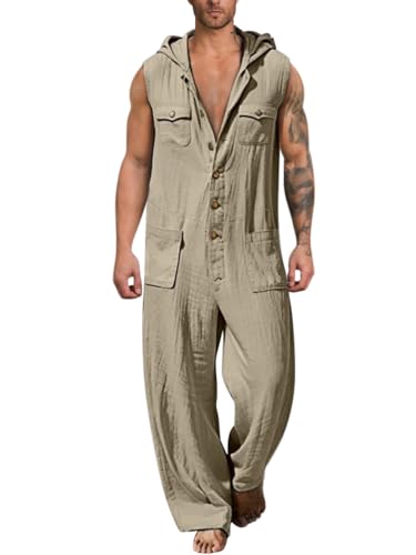Oanviso Herren Overalls Einteiliges Strampler mit Kapuze Sommer Jumpsuit Ärmellos Einfarbig Set Hose Lang mit Taschen Mode Casual Overall Hemd Baumwolle Leinen One-piece Schlafanzug A Khaki M von Oanviso