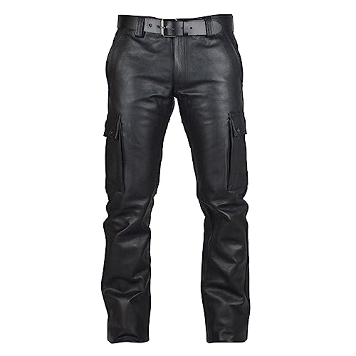 Oanviso Herren PU Leder Hose Klassisches Schwarz Mittlere Taille Kurze Hose Männlich Punk-Stil Hose Mehreren Taschen Hose Freizeit Gerade Hosen Tanz Kurze Hosen Bühne Kleidung B Schwarz 3XL von Oanviso