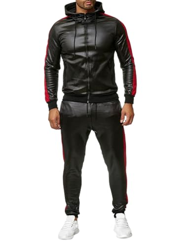 Oanviso Herren PU Leder Kapuze Lederjacke Lederhose Zweiteiliger Set Patchwork Jogginganzug Reißverschluss Hoodie + Hose Anzug Sportanzug Mode Outfit Herbst Warm Trainingsanzug A Rot L von Oanviso