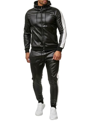 Oanviso Herren PU Leder Kapuze Lederjacke Lederhose Zweiteiliger Set Patchwork Jogginganzug Reißverschluss Hoodie + Hose Anzug Sportanzug Mode Outfit Herbst Warm Trainingsanzug A Weiß L von Oanviso