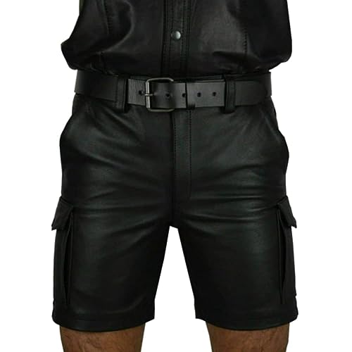 Oanviso Herren PU Leder Shorts Klassisches Schwarz Mittlere Taille Kurze Hose Männlich Punk-Stil Shorts Mehreren Taschen Shorts Freizeit Gerade Hosen Tanz Kurze Hosen Bühne Kleidung A Schwarz L von Oanviso