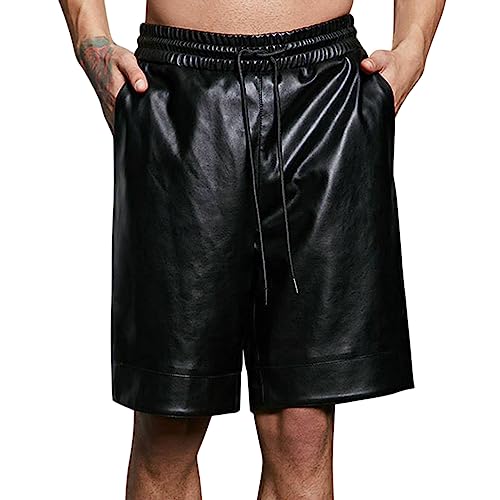 Oanviso Herren PU Leder Shorts Klassisches Schwarz Mittlere Taille Kurze Hose Männlich Punk-Stil Shorts Mehreren Taschen Shorts Freizeit Gerade Hosen Tanz Kurze Hosen Bühne Kleidung C Schwarz L von Oanviso