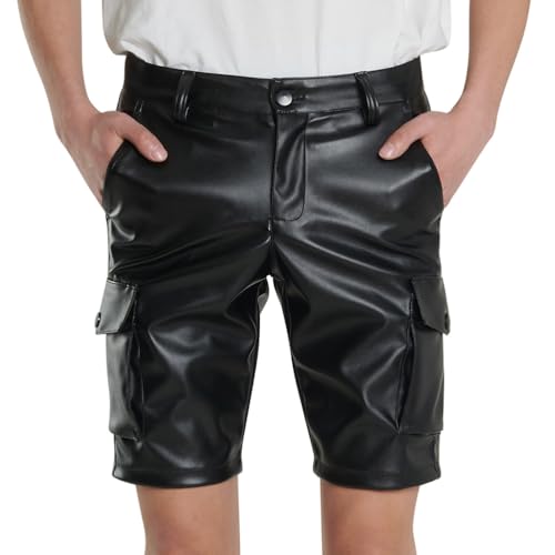 Oanviso Herren PU Leder Shorts Klassisches Schwarz Mittlere Taille Kurze Hose Männlich Punk-Stil Shorts Mehreren Taschen Shorts Freizeit Gerade Hosen Tanz Kurze Hosen Bühne Kleidung D Schwarz M von Oanviso