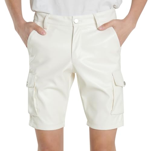 Oanviso Herren PU Leder Shorts Klassisches Schwarz Mittlere Taille Kurze Hose Männlich Punk-Stil Shorts Mehreren Taschen Shorts Freizeit Gerade Hosen Tanz Kurze Hosen Bühne Kleidung D Weiß L von Oanviso