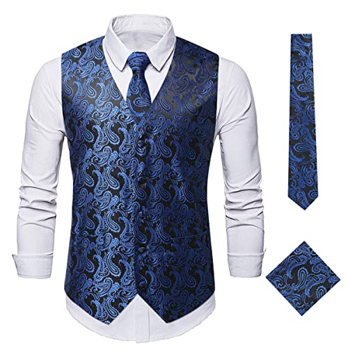 Oanviso Herren Paisleymuster Jacquard Weste Krawatte/Fliege Einstecktuch Weste 3PC Set V-Ausschnitt Anzug Weste Formelle Businesss Weste Party Hochzeits Kleidweste Ärmellos Vest A Blau M von Oanviso