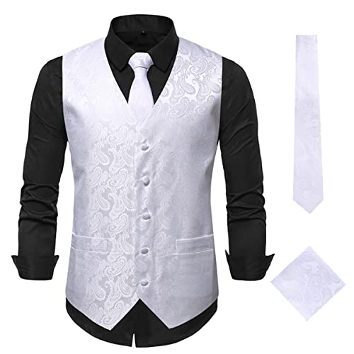 Oanviso Herren Paisleymuster Jacquard Weste Krawatte/Fliege Einstecktuch Weste 3PC Set V-Ausschnitt Anzug Weste Formelle Businesss Weste Party Hochzeits Kleidweste Ärmellos Vest A Weiß S von Oanviso