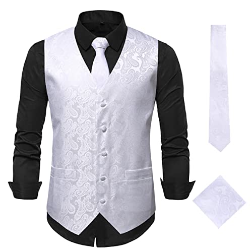 Oanviso Herren Paisleymuster Jacquard Weste Krawatte/Fliege Einstecktuch Weste 3PC Set V-Ausschnitt Anzug Weste Formelle Businesss Weste Party Hochzeits Kleidweste Ärmellos Vest A Weiß XS von Oanviso