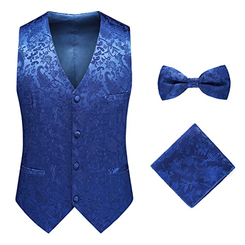 Oanviso Herren Paisleymuster Jacquard Weste Krawatte/Fliege Einstecktuch Weste 3PC Set V-Ausschnitt Anzug Weste Formelle Businesss Weste Party Hochzeits Kleidweste Ärmellos Vest B Blau S von Oanviso