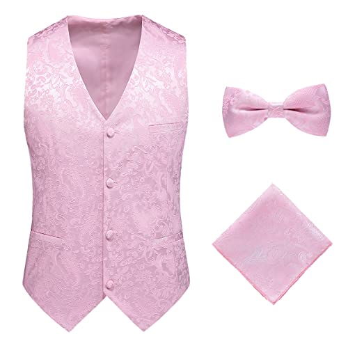 Oanviso Herren Paisleymuster Jacquard Weste Krawatte/Fliege Einstecktuch Weste 3PC Set V-Ausschnitt Anzug Weste Formelle Businesss Weste Party Hochzeits Kleidweste Ärmellos Vest B Rosa M von Oanviso