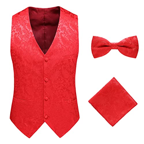 Oanviso Herren Paisleymuster Jacquard Weste Krawatte/Fliege Einstecktuch Weste 3PC Set V-Ausschnitt Anzug Weste Formelle Businesss Weste Party Hochzeits Kleidweste Ärmellos Vest B Rot M von Oanviso