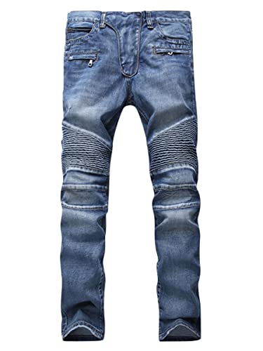 Oanviso Herren Plissee Jeans Stretch Jeanshose Slim Straight Fit Moto-Denim-Hose Schicke Designerjeans Zerrissene Hose Casual Röhrenjeans Moderne Mode Jeans Bequem Skinny Denim Hose C Blau XL von Oanviso