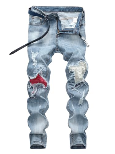 Oanviso Herren Plissee Jeans Stretch Jeanshose Slim Straight Fit Moto-Denim-Hose Schicke Designerjeans Zerrissene Hose Casual Röhrenjeans Moderne Mode Jeans Bequem Skinny Denim Hose M Blau XS von Oanviso