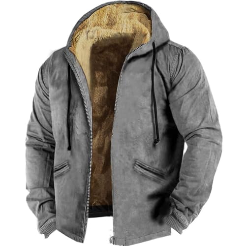 Oanviso Herren Plüsch Jacke mit Kapuzen Arbeitsjacke Casual Sweatjacke mit Reißverschluss Thickened Warm Winterjacke Langarm Männer Cardigan Mantel Große Größe A Grau M von Oanviso