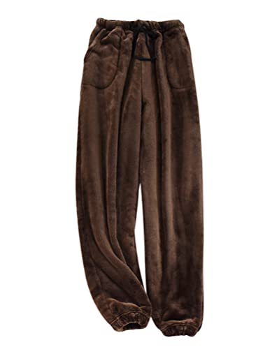 Oanviso Herren Plüschhose Weich Dicke Schlafanzughose mit Tasche Freizeithose Warme Korallenvlies Elastischer Bund Home Pyjamas Herbst&Winter Haushose Gemütlich Festival Geschenke A Braun L von Oanviso
