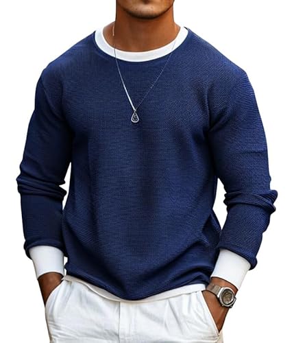 Oanviso Herren Pullover Rundhals Langarm Langarmshirt T Shirt Zweifarbig Männer Modern Dünner Strickpullover Leichter Bequeme Sweatshirt Weit Pulli Zwei In Einem Herrenpullover Marineblau 3XL von Oanviso