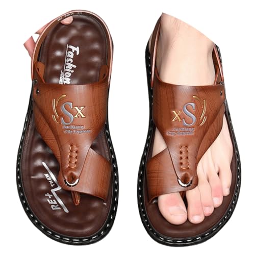 Oanviso Herren Sandalen Sommer Verstellbare Ledersandalen Bequeme Atmungsaktiv Männer Zehentrenner Pantoffeln Outdoor Sport Freizeit Strand Hausschuhe A Braun 39 EU von Oanviso