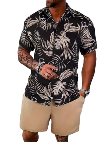 Oanviso Herren Set Casual Floral Hawaiihemd Strandshorts Blumenhemd T-Shirts + Kurze Hose Beach Polo Hemd Strand Surf Shorts Freizeitanzug Trainingsanzug Sommer A 12 L von Oanviso