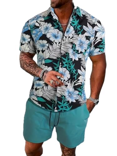 Oanviso Herren Set Casual Floral Hawaiihemd Strandshorts Blumenhemd T-Shirts + Kurze Hose Beach Polo Hemd Strand Surf Shorts Freizeitanzug Trainingsanzug Sommer A 14 S von Oanviso