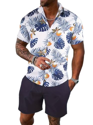 Oanviso Herren Set Casual Floral Hawaiihemd Strandshorts Blumenhemd T-Shirts + Kurze Hose Beach Polo Hemd Strand Surf Shorts Freizeitanzug Trainingsanzug Sommer A 15 L von Oanviso