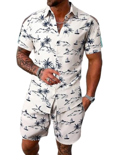 Oanviso Herren Set Casual Floral Hawaiihemd Strandshorts Blumenhemd T-Shirts + Kurze Hose Beach Polo Hemd Strand Surf Shorts Freizeitanzug Trainingsanzug Sommer A 6 L von Oanviso