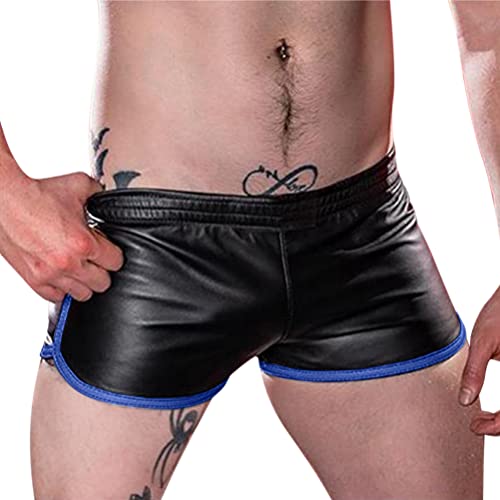 Oanviso Herren Shorts PU-Leder Sexy Skinny Pants Elastischer Bund Shorts Kunstleder Leder Shorts Kurze Hose mit Reißverschlusstasche Stretch Sommershort Fitness Training Boxershorts A Blau XS von Oanviso