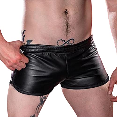 Oanviso Herren Shorts PU-Leder Sexy Skinny Pants Elastischer Bund Shorts Kunstleder Leder Shorts Kurze Hose mit Reißverschlusstasche Stretch Sommershort Fitness Training Boxershorts A Schwarz XL von Oanviso