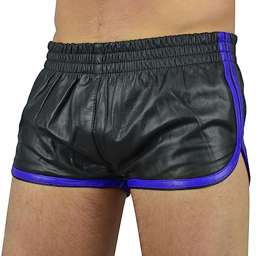 Oanviso Herren Shorts PU-Leder Sexy Skinny Pants Elastischer Bund Shorts Kunstleder Leder Shorts Kurze Hose mit Reißverschlusstasche Stretch Sommershort Fitness Training Boxershorts B Blau XS von Oanviso