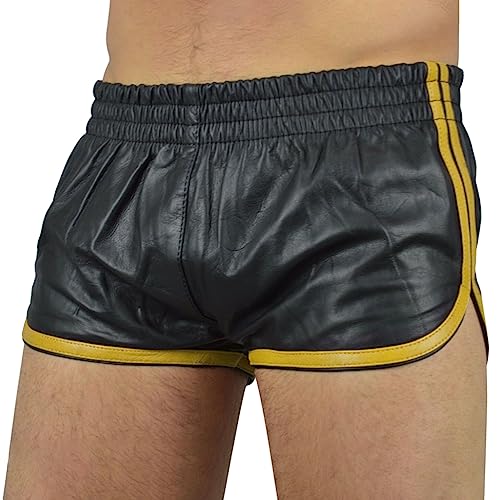 Oanviso Herren Shorts PU-Leder Sexy Skinny Pants Elastischer Bund Shorts Kunstleder Leder Shorts Kurze Hose mit Reißverschlusstasche Stretch Sommershort Fitness Training Boxershorts B Gelb XL von Oanviso