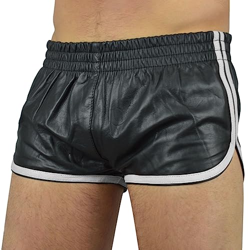 Oanviso Herren Shorts PU-Leder Sexy Skinny Pants Elastischer Bund Shorts Kunstleder Leder Shorts Kurze Hose mit Reißverschlusstasche Stretch Sommershort Fitness Training Boxershorts B Weiß S von Oanviso