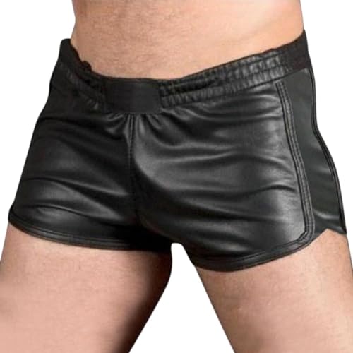 Oanviso Herren Shorts PU-Leder Sexy Skinny Pants Elastischer Bund Shorts Kunstleder Leder Shorts Kurze Hose mit Reißverschlusstasche Stretch Sommershort Fitness Training Boxershorts C Schwarz 3XL von Oanviso